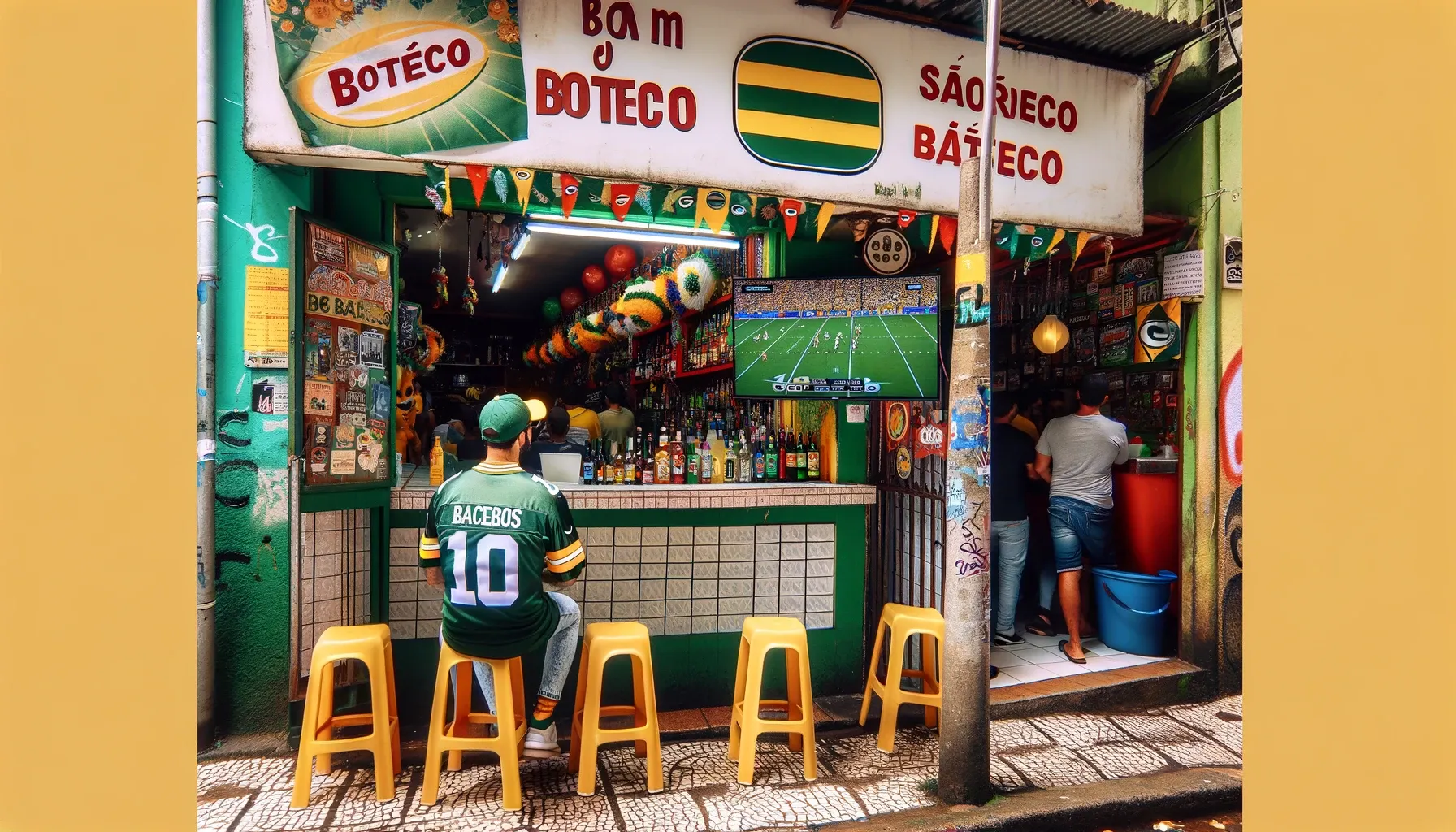 an AI generated image of a packers fan sitting at a boteco watching the game