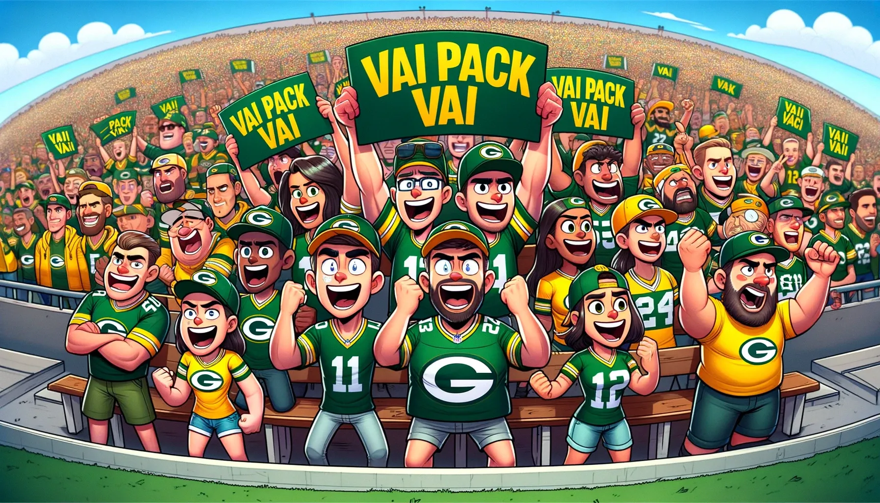 Imagem gerada por IA de torcedores do Green Bay Packers dentro de um estádio com uma placa que diz 'Vai Pack Vai'