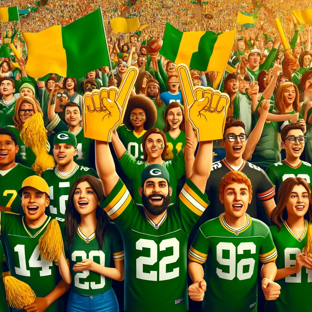 Green Bay Packers fans cheering inside of a stadium with green and gold jerseys
