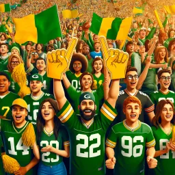 Torcedores do Green Bay Packers torcendo dentro de um estádio com camisas verdes e douradas