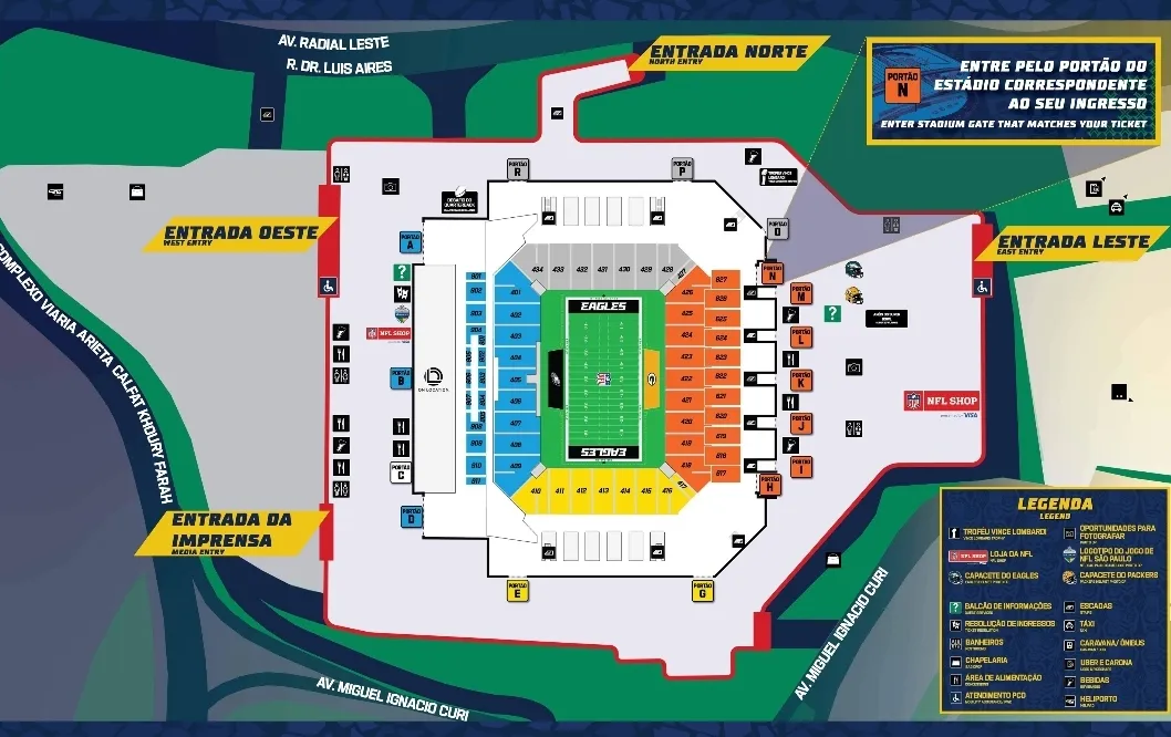 Captura de tela da experiência NFL One Pass Fan Experience fora da Arena Corinthians