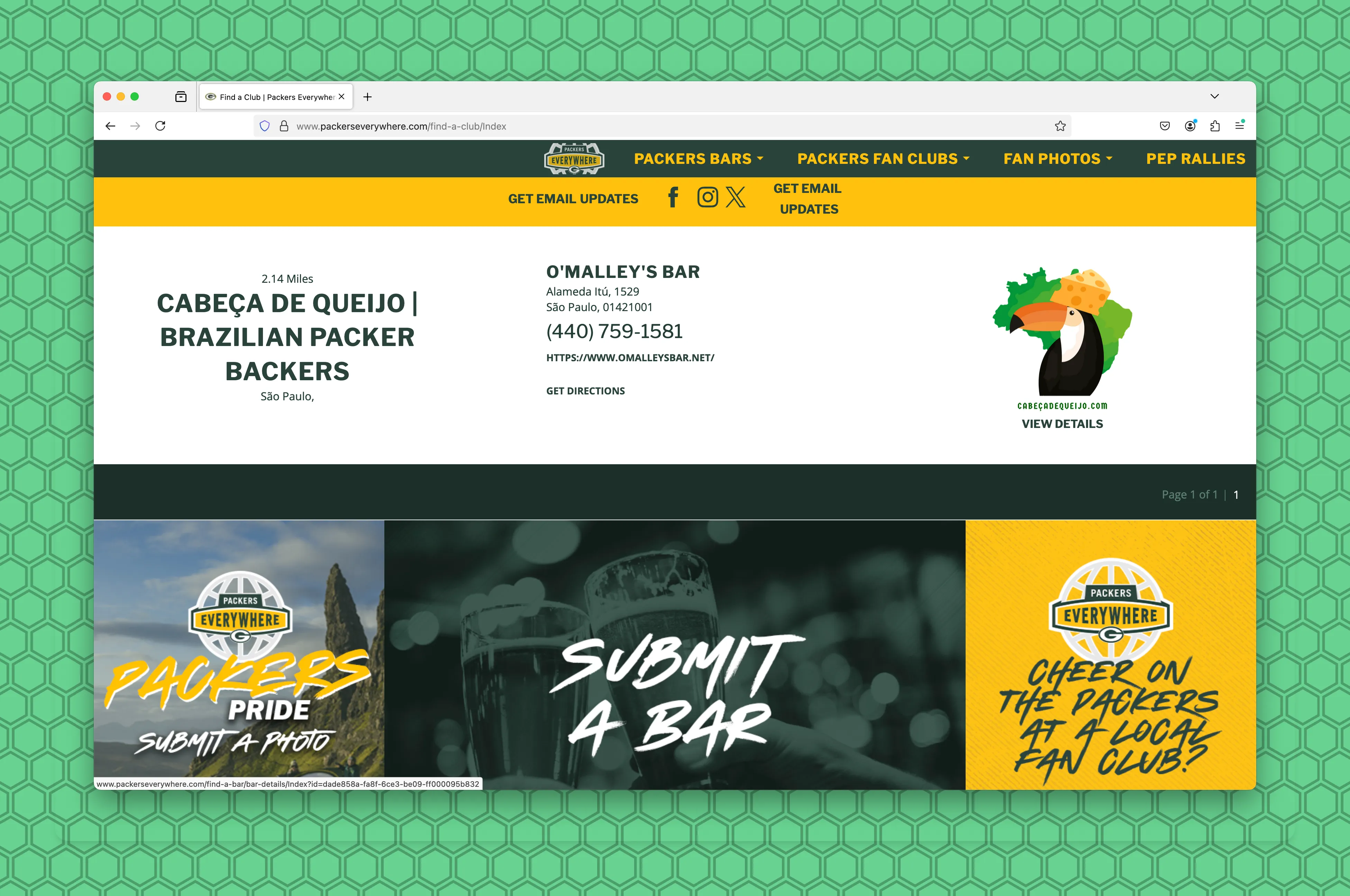 Screenshot of Cabeca de Queijo and O’Malley’s Bar on the PackersEverywhere.com website