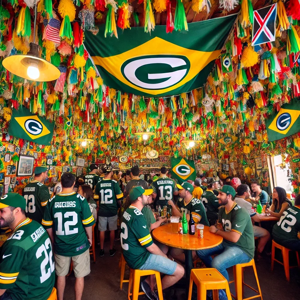 Imagem gerada por IA de torcedores do Green Bay Packers dentro de um Boteco no Nordeste do Brasil