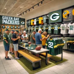 Torcedores do Green Bay Packers fazendo compras em uma loja de shopping, procurando uma nova camiseta ou jersey.