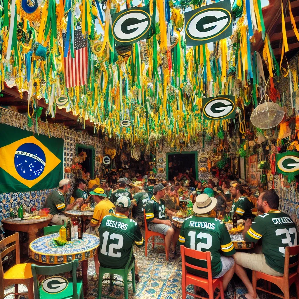 Green Bay Packers fans cheering inside of a boteco with jerseys on