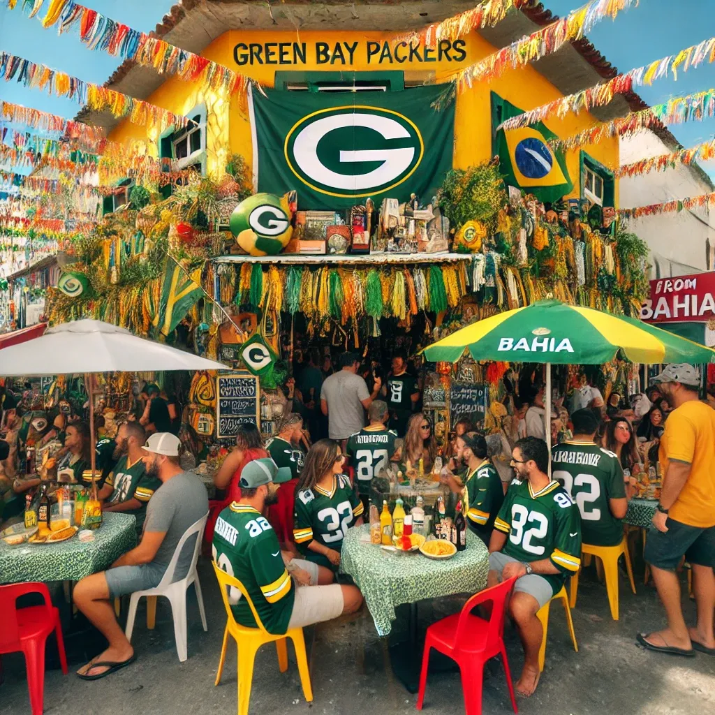 Foto de torcedores do Green Bay Packers fazendo tailgate fora de um Boteco na esquina